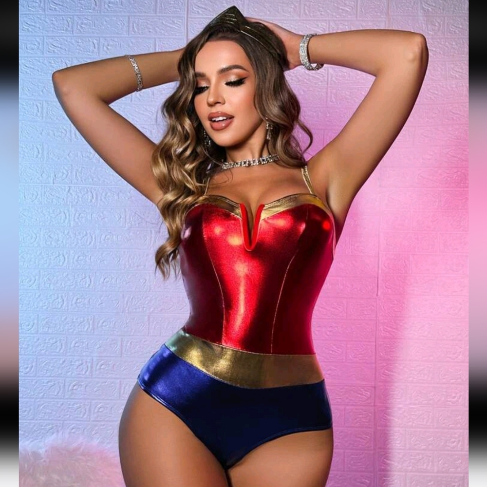 2pc Super Sexy Wonder Woman Metallic Bodysuit & Headpiece Costume Set (L)